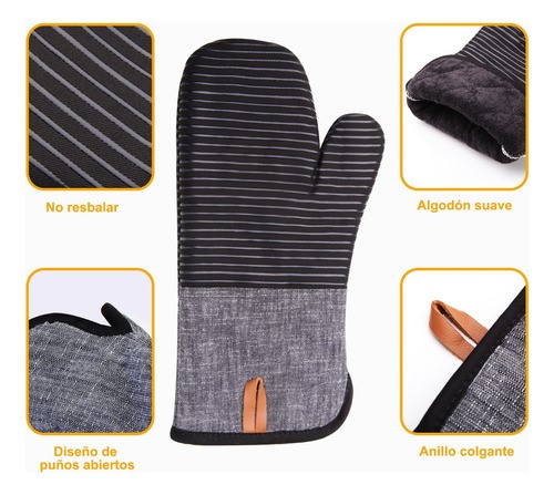 Juego De 4 Guantes De Cocina Para Horno, Anticalor Y Antides NEGRO rallas Gris