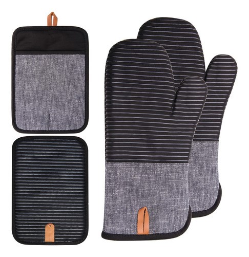 Juego De 4 Guantes De Cocina Para Horno, Anticalor Y Antides NEGRO rallas Gris