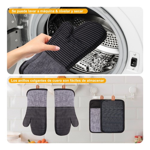 Juego De 4 Guantes De Cocina Para Horno, Anticalor Y Antides NEGRO rallas Gris