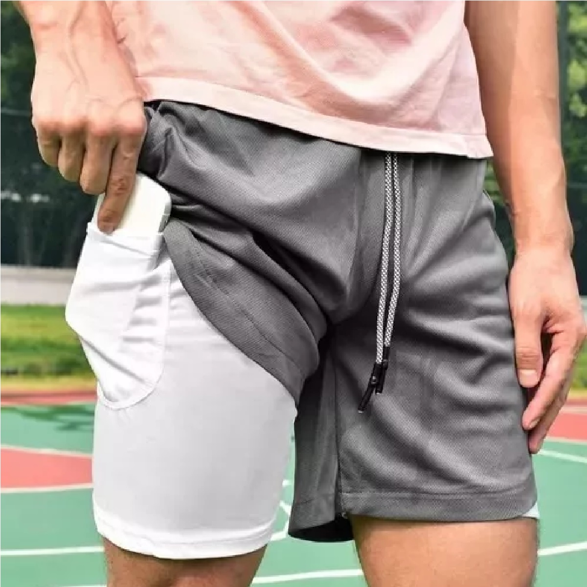 Gym Short Con Licra Deportiva 2 En 1 Hombre Ejercicio Gris Talla XL