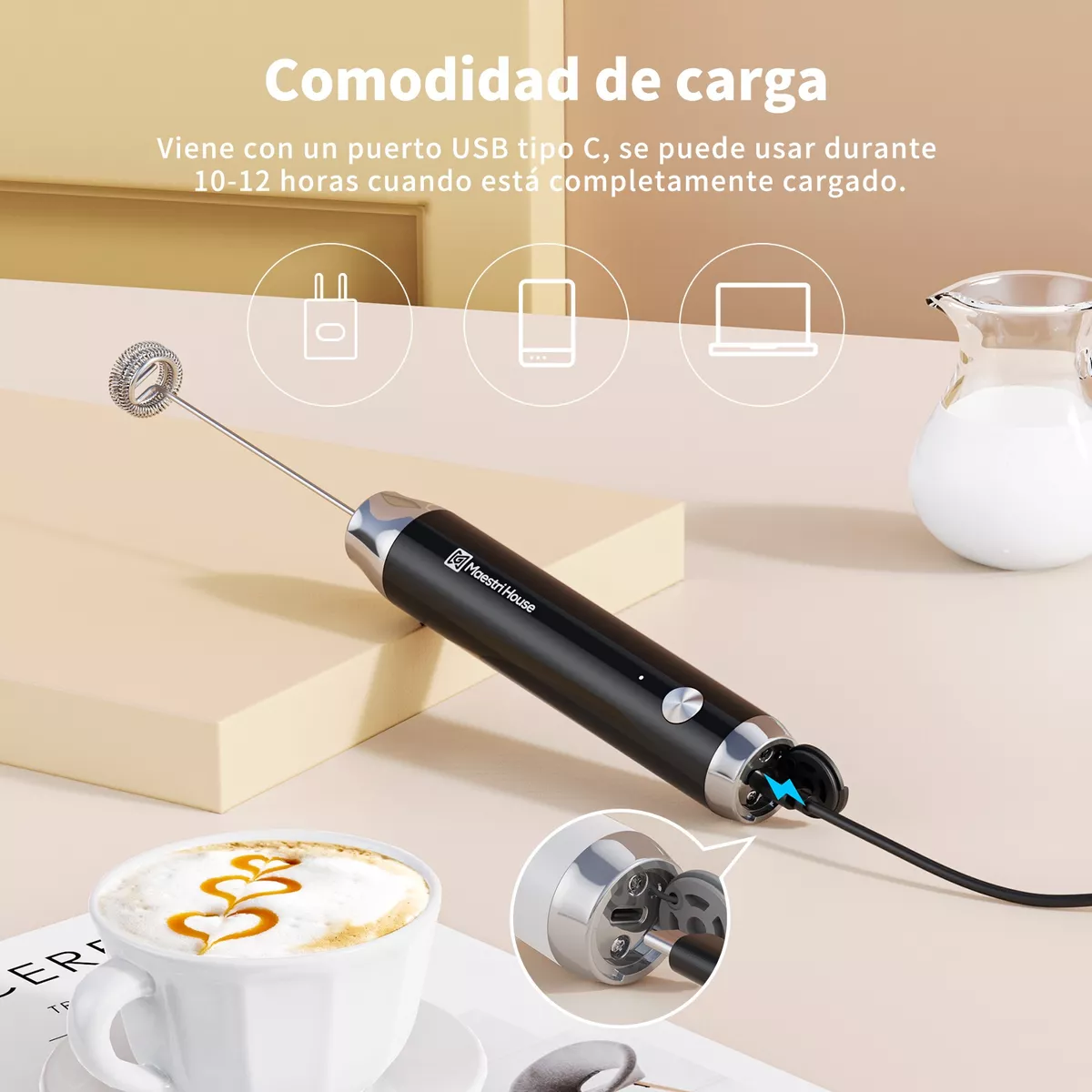 Espumador De Leche Electrico Mano Recargable Batidor De Café