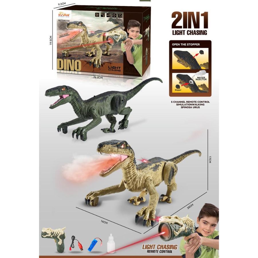 Dinosaurio 2 en 1  de RC con pistola de seguimiento laser luz y humo