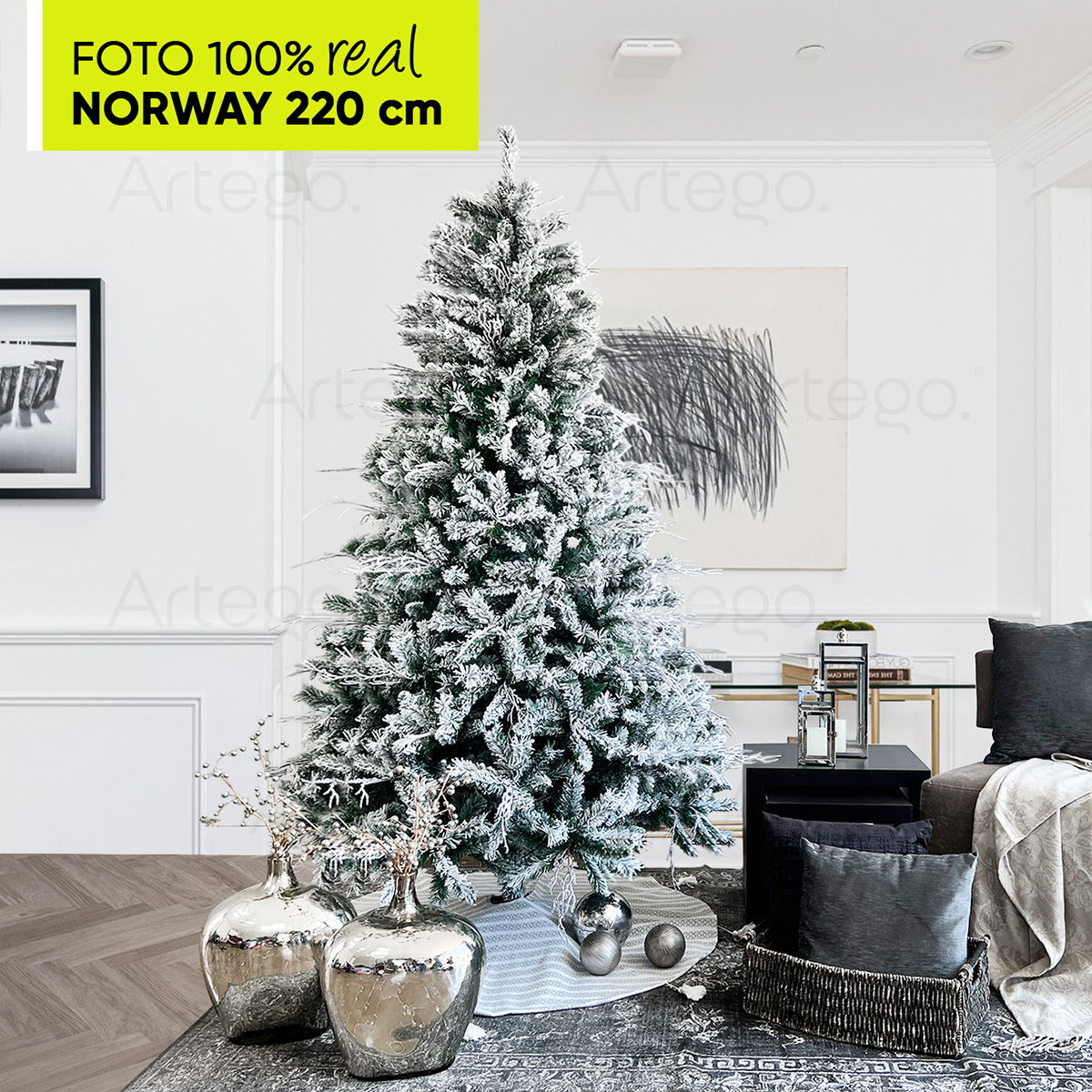 Árbol de Navidad Nevado Norway spruce con rama seca flocked snow incluye maleta 220cm Artego