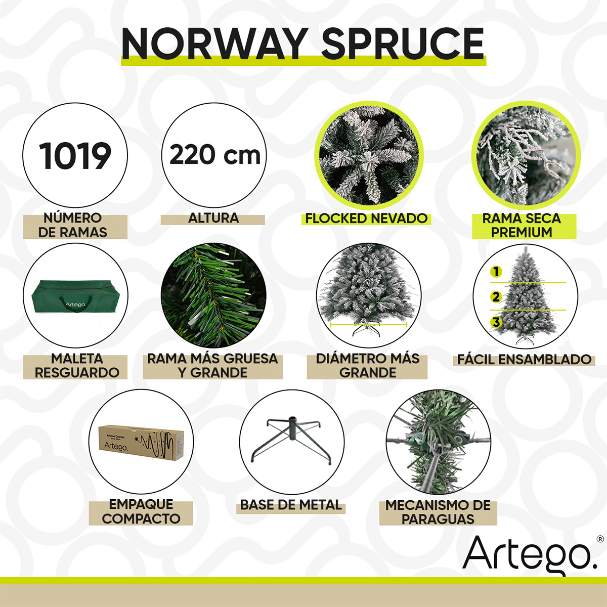 Árbol de Navidad Nevado Norway spruce con rama seca flocked snow incluye maleta 220cm Artego