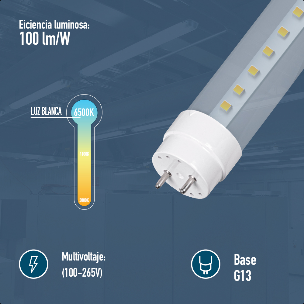 Tubo Led T8 Transparente Icon 18w 6500k 100-265v G13 Color Blanco