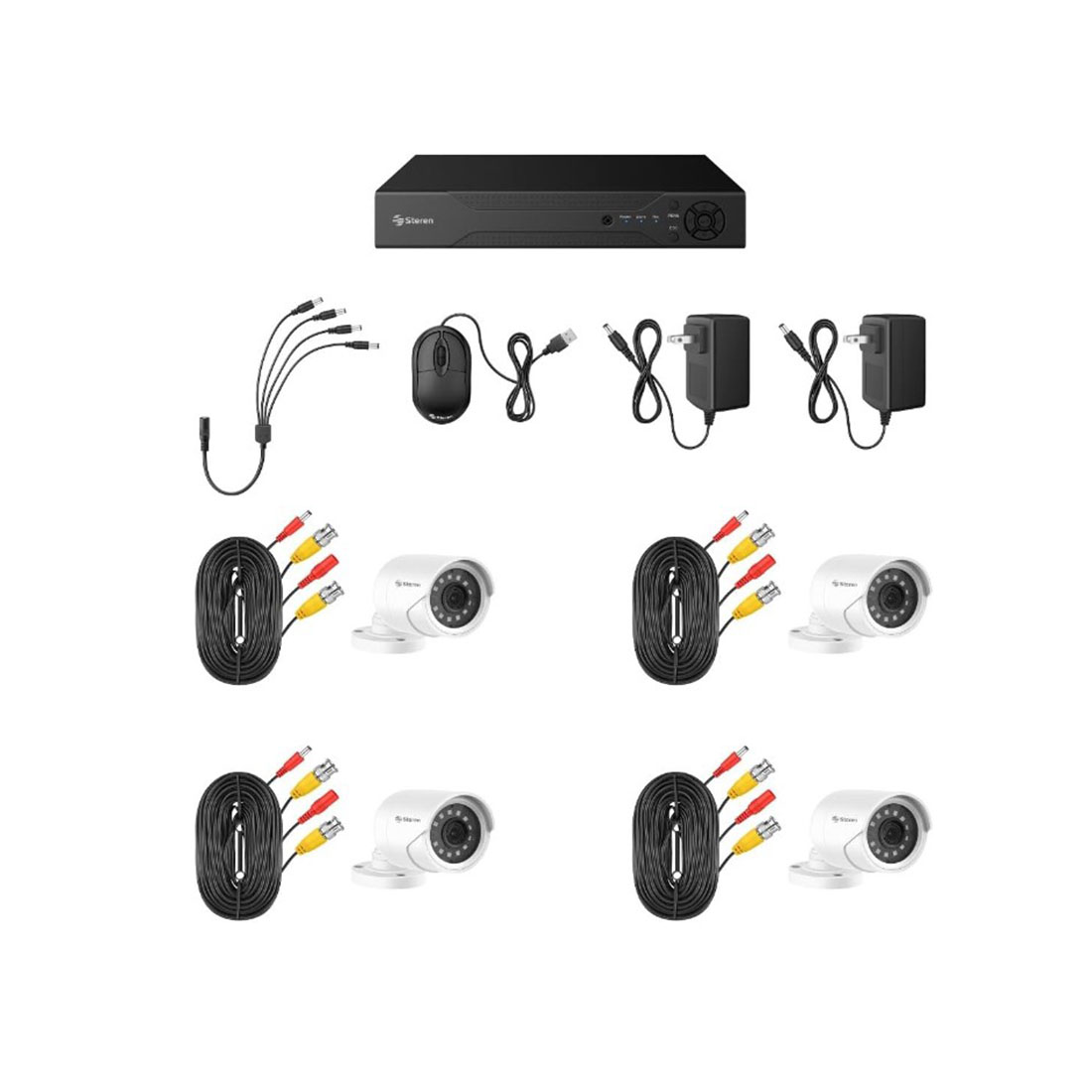 STEREN Sistema de Seguridad CCTV con DVR pentahíbrido de 12 canales, 4 cámaras, Disco Duro y monitoreo por Internet DM 