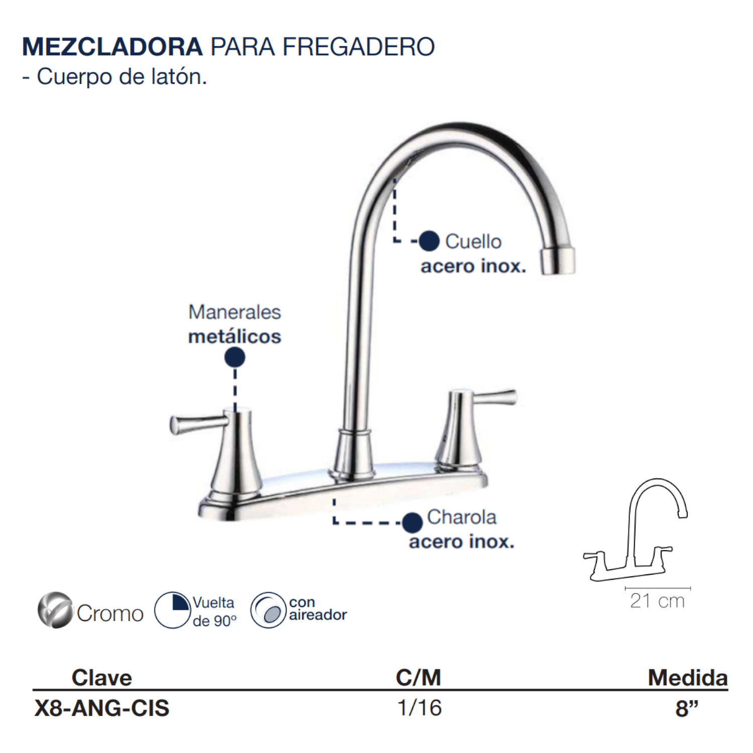 Llave Mezcladora Fregadero O Tarja Cocina Alfa Acero Inoxidable