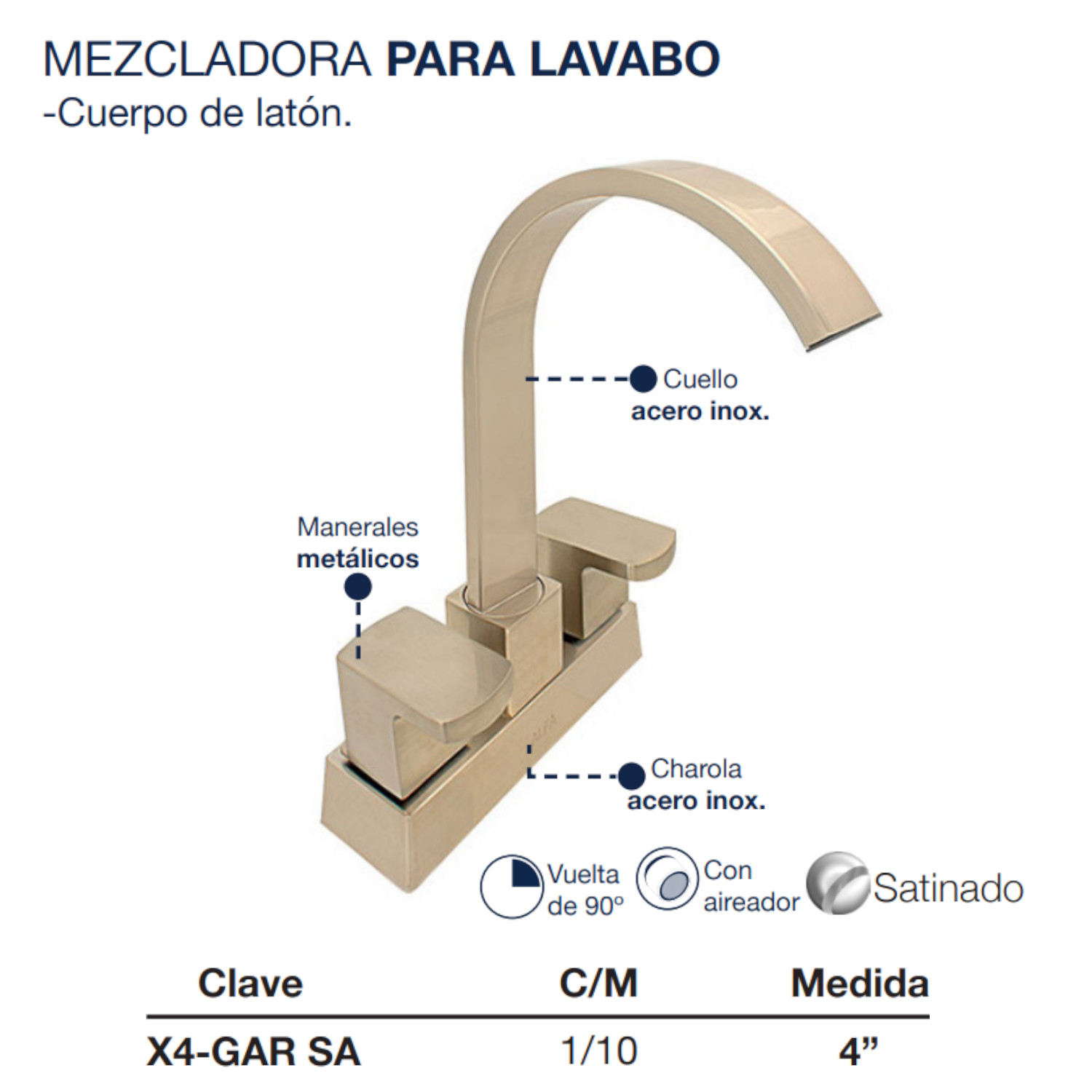Llave Mezcladora Baño Lavabo Alfa Satinado Latón Vuelta 360