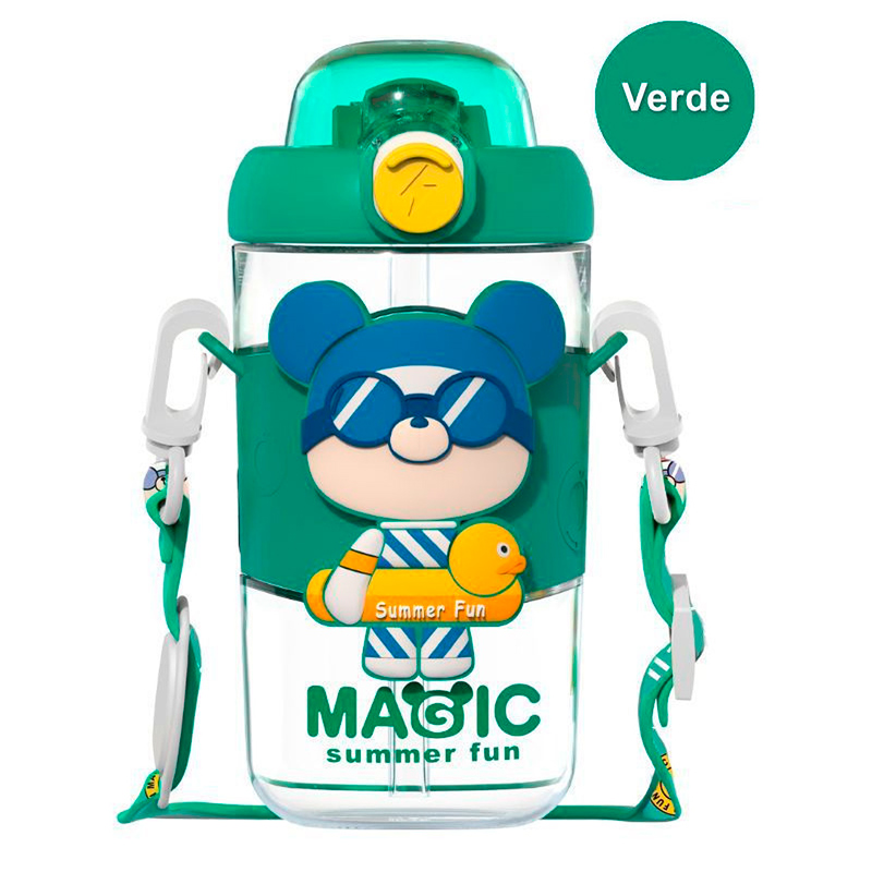 Cantimplora Agua Botella Correa Niños Antifugas 480ml escolar Verde 