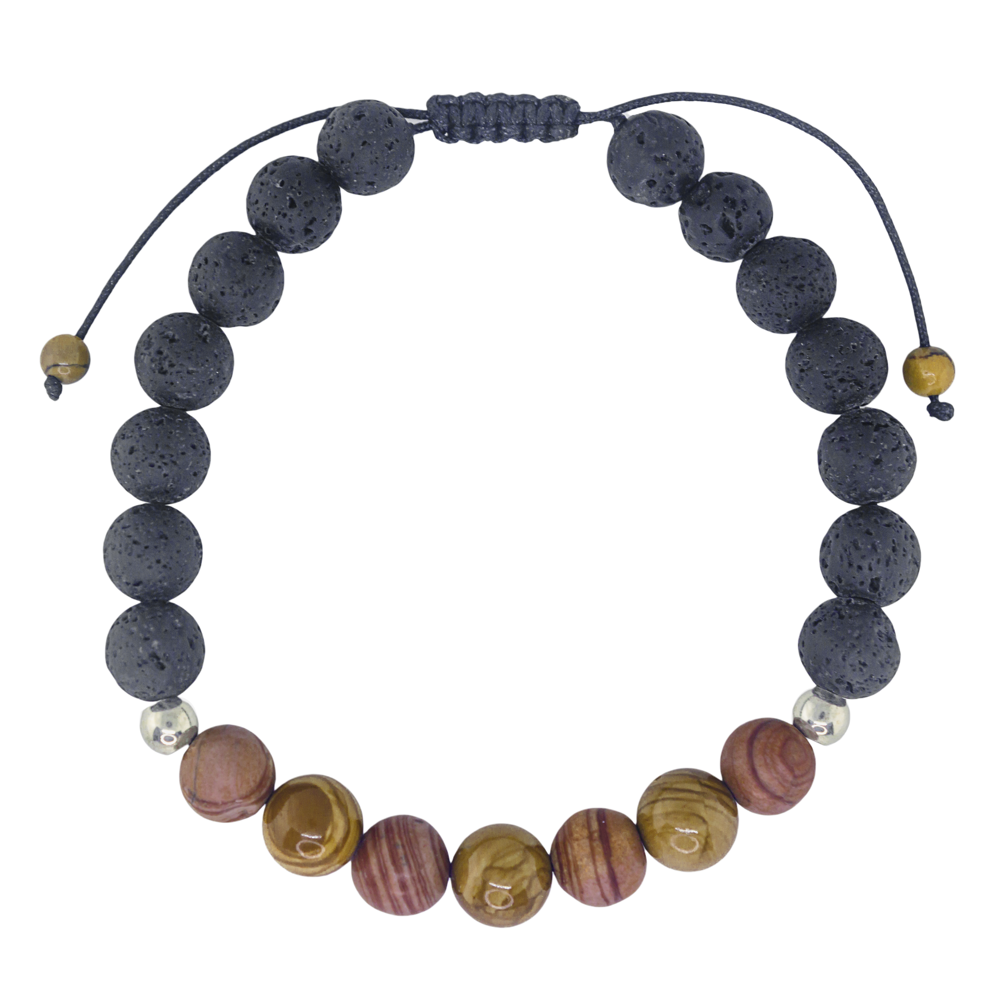 Pulsera de Cuarzos naturales Jaspe Paisaje, Piedra Volcánica y Plata genuina Ley .925