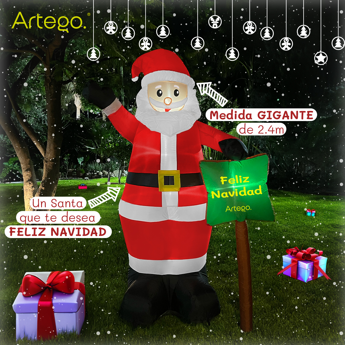 Inflable de Navidad Santa Claus gigante con letrero navideño de 2.4m de alto con luces led Artego