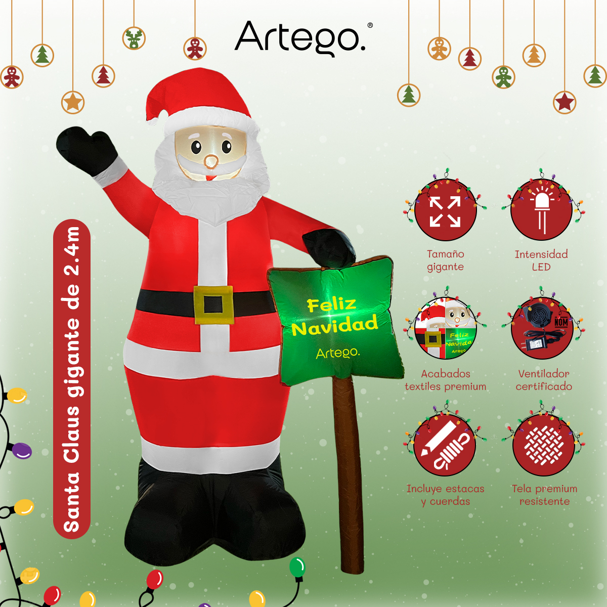 Inflable de Navidad Santa Claus gigante con letrero navideño de 2.4m de alto con luces led Artego
