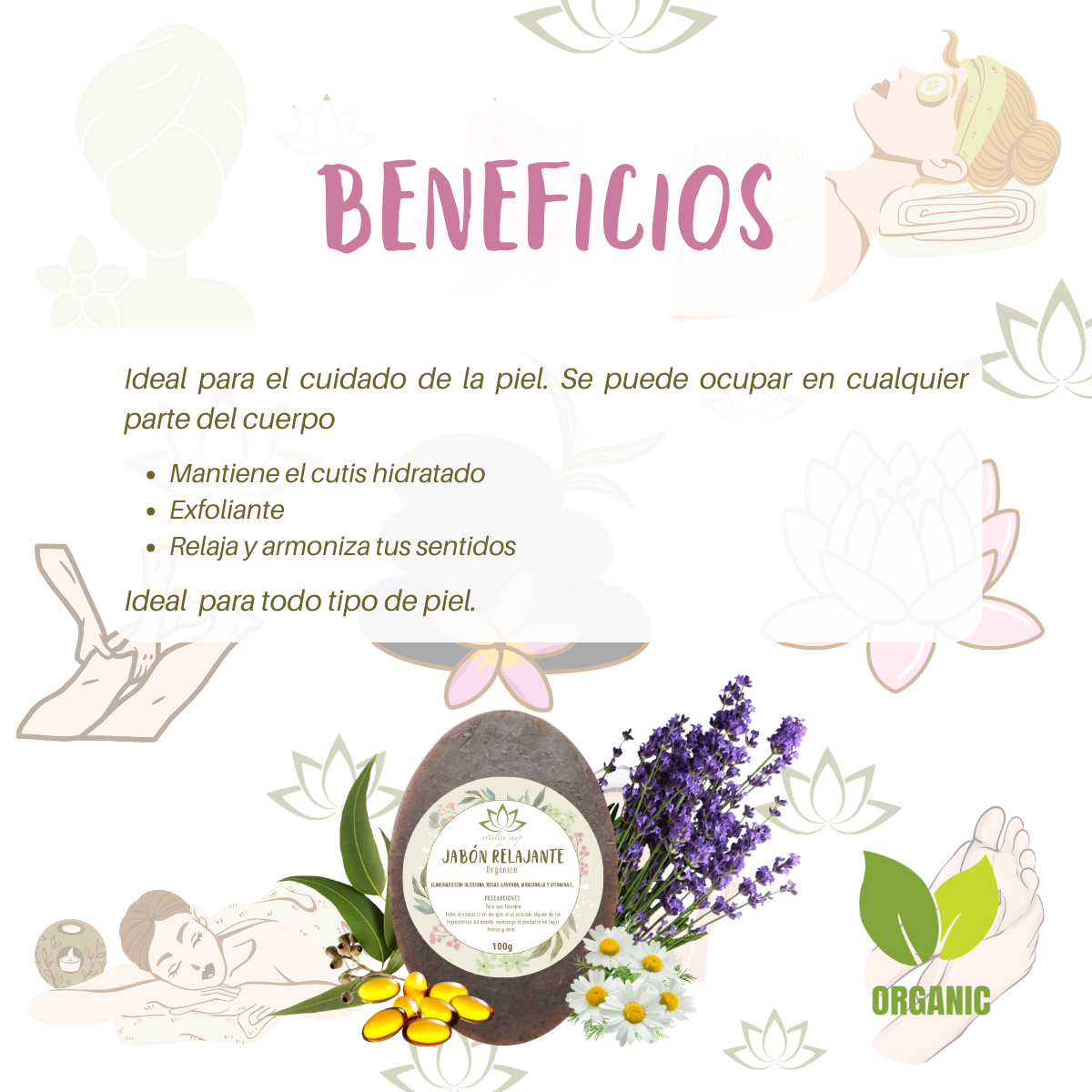 Jabón Orgánico Corporal Relajante Manzanilla Rosas Lavanda