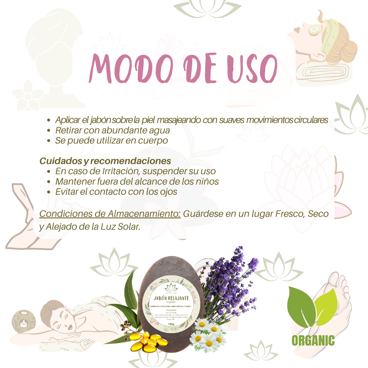 Jabón Orgánico Corporal Relajante Manzanilla Rosas Lavanda