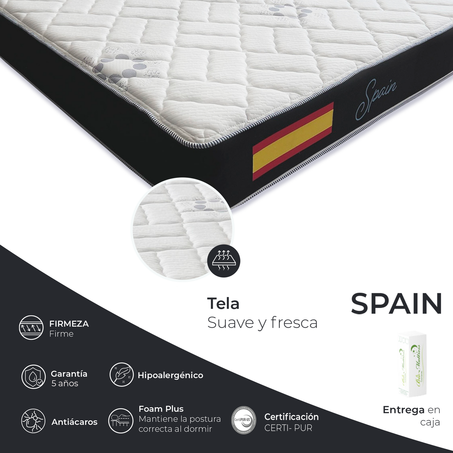 Bio Mattress Colchón Spain Foam Plus. Silencioso y sin transmisión de movimiento. Hipoalergénico y Antiácaros (Individual).
