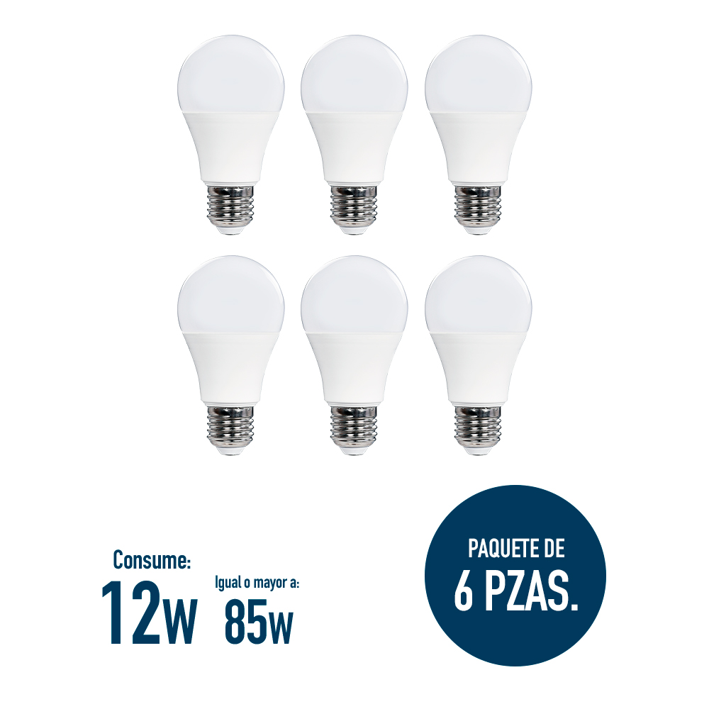 6 Focos ICON Led Ahorrador 12W A60 Luz Cálida Ilumina 75W
