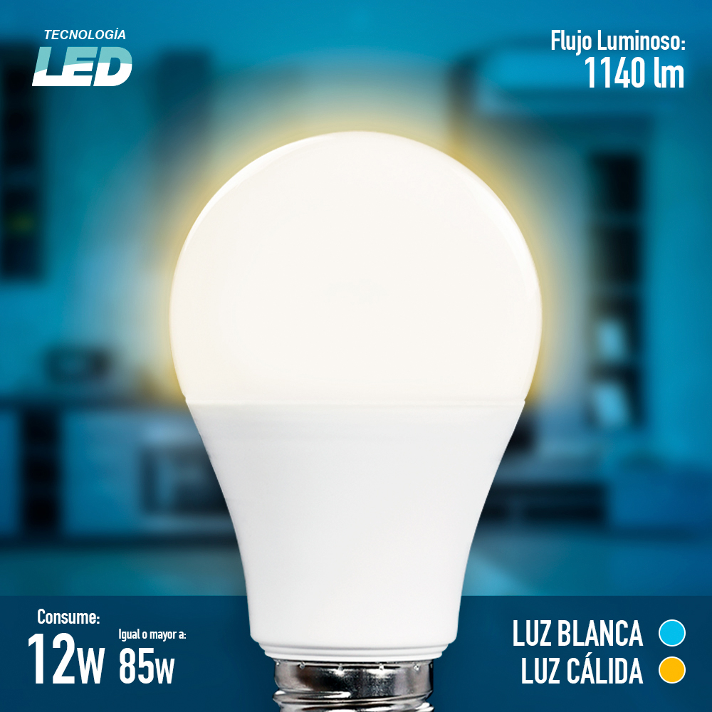 6 Focos ICON Led Ahorrador 12W A60 Luz Cálida Ilumina 75W