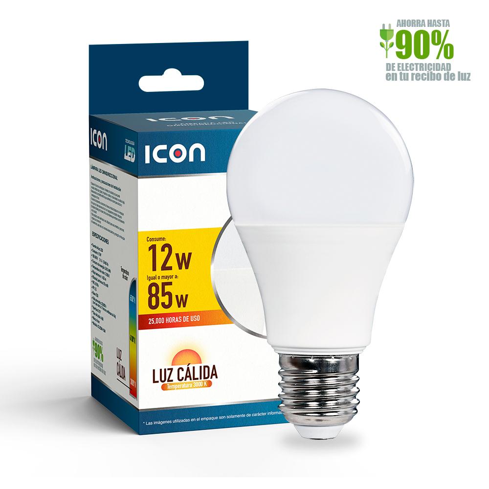 6 Focos ICON Led Ahorrador 12W A60 Luz Cálida Ilumina 75W
