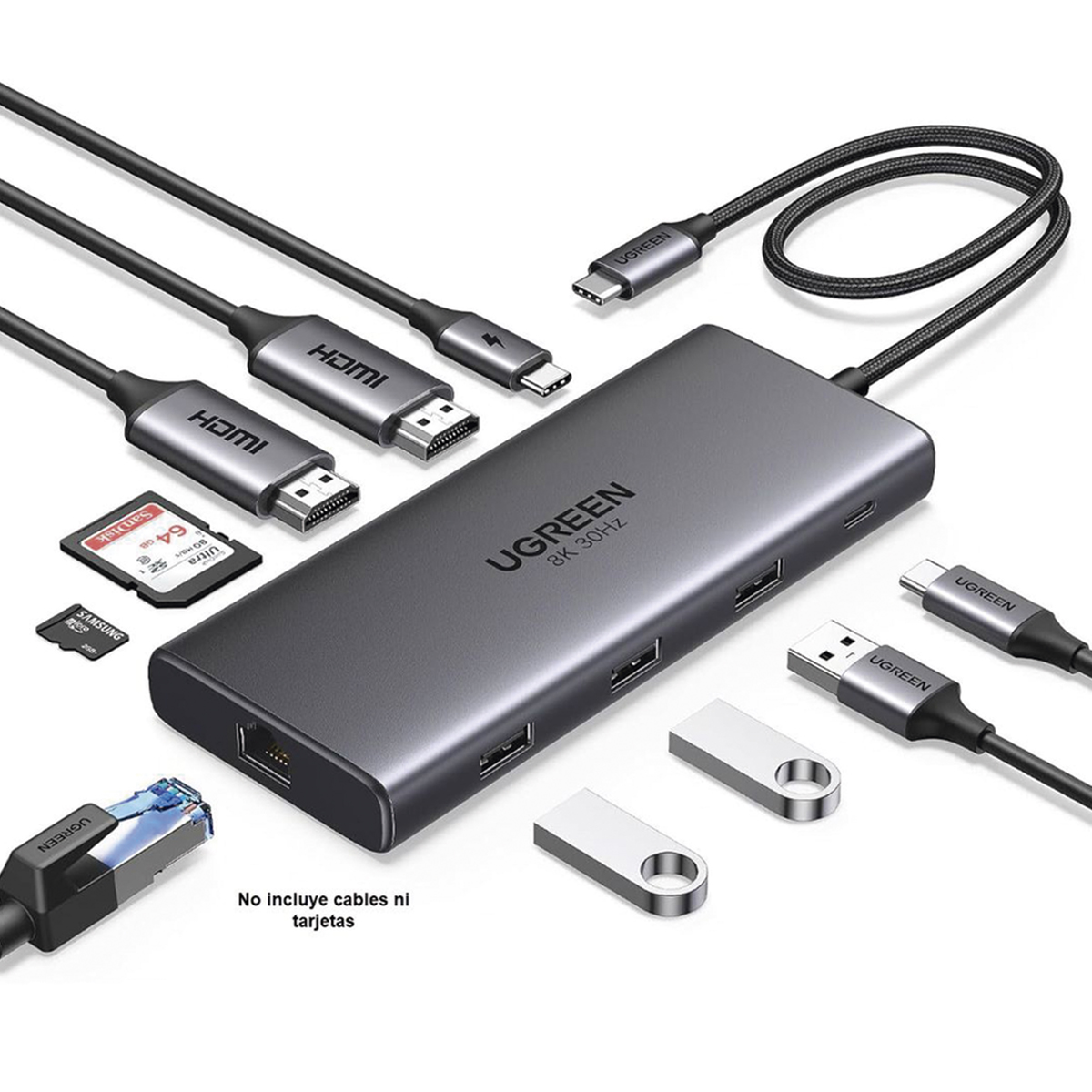 HUB USB-C 10 en 1 ugreen 2 Puertos HDMI 8K,4K@60Hz | 3 USB-A | USB-C (5Gbps) | USB-C PD Carga 100W | RJ45 (Gigabit Ethernet) | Lector Tarjetas SD + Micro SD (TF) Simultáneo