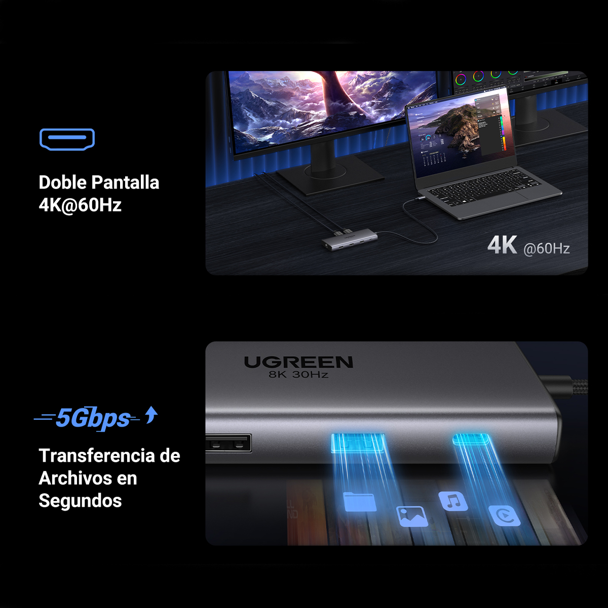 HUB USB-C 10 en 1 ugreen 2 Puertos HDMI 8K,4K@60Hz | 3 USB-A | USB-C (5Gbps) | USB-C PD Carga 100W | RJ45 (Gigabit Ethernet) | Lector Tarjetas SD + Micro SD (TF) Simultáneo