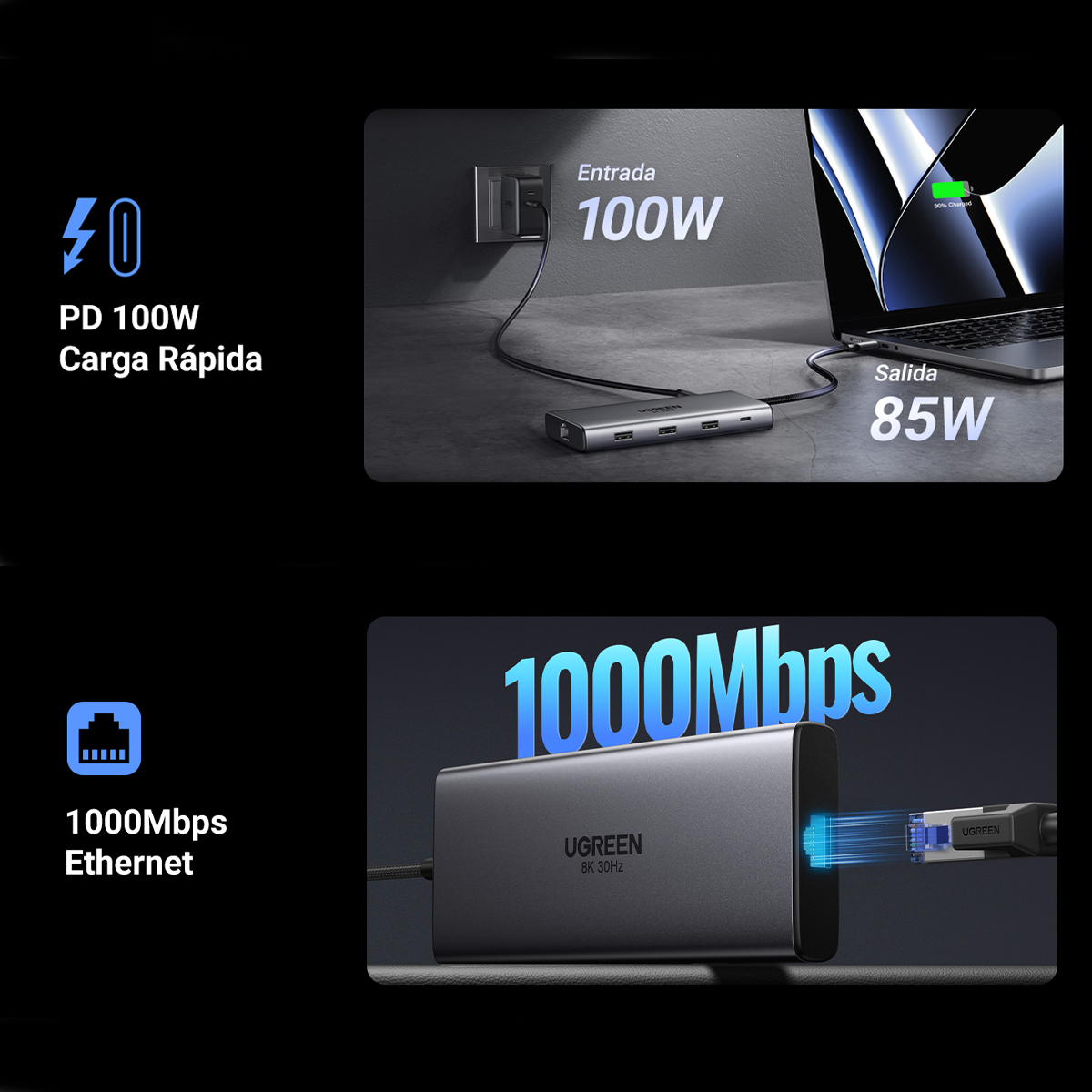 HUB USB-C 10 en 1 ugreen 2 Puertos HDMI 8K,4K@60Hz | 3 USB-A | USB-C (5Gbps) | USB-C PD Carga 100W | RJ45 (Gigabit Ethernet) | Lector Tarjetas SD + Micro SD (TF) Simultáneo