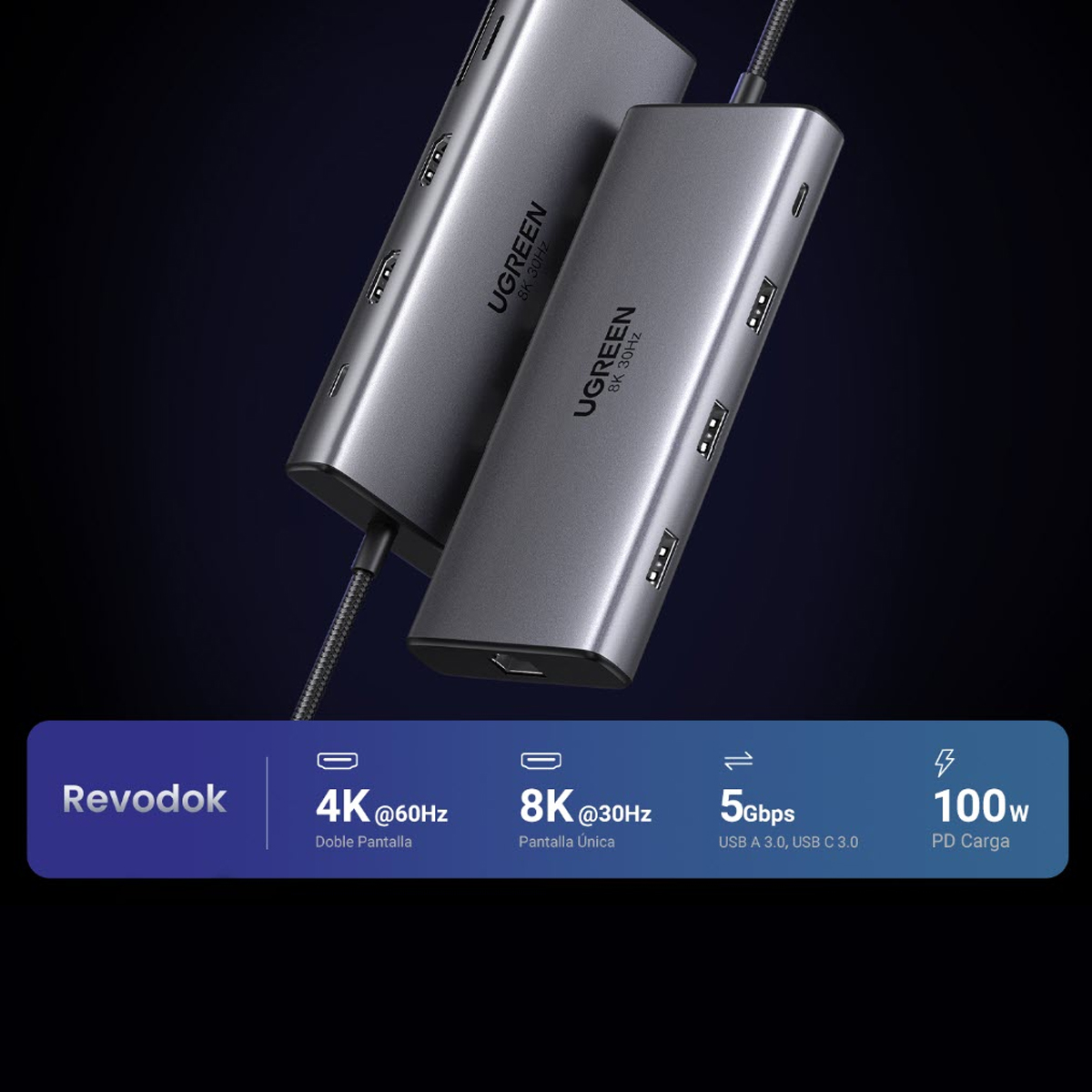 HUB USB-C 10 en 1 ugreen 2 Puertos HDMI 8K,4K@60Hz | 3 USB-A | USB-C (5Gbps) | USB-C PD Carga 100W | RJ45 (Gigabit Ethernet) | Lector Tarjetas SD + Micro SD (TF) Simultáneo