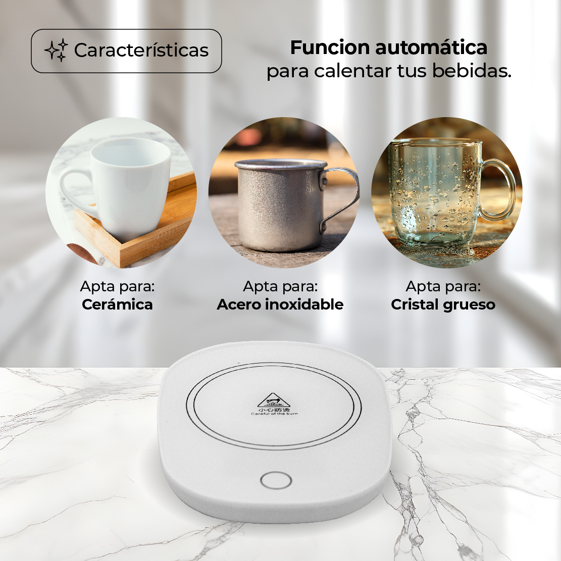 Taza de Cristal C/Base Eléctrica para Calentar Bebidas  55C Blanca