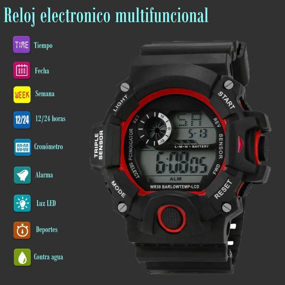 Reloj Digital LED azul deportivo electrónico multifunción militar negro claro contra agua pulsera