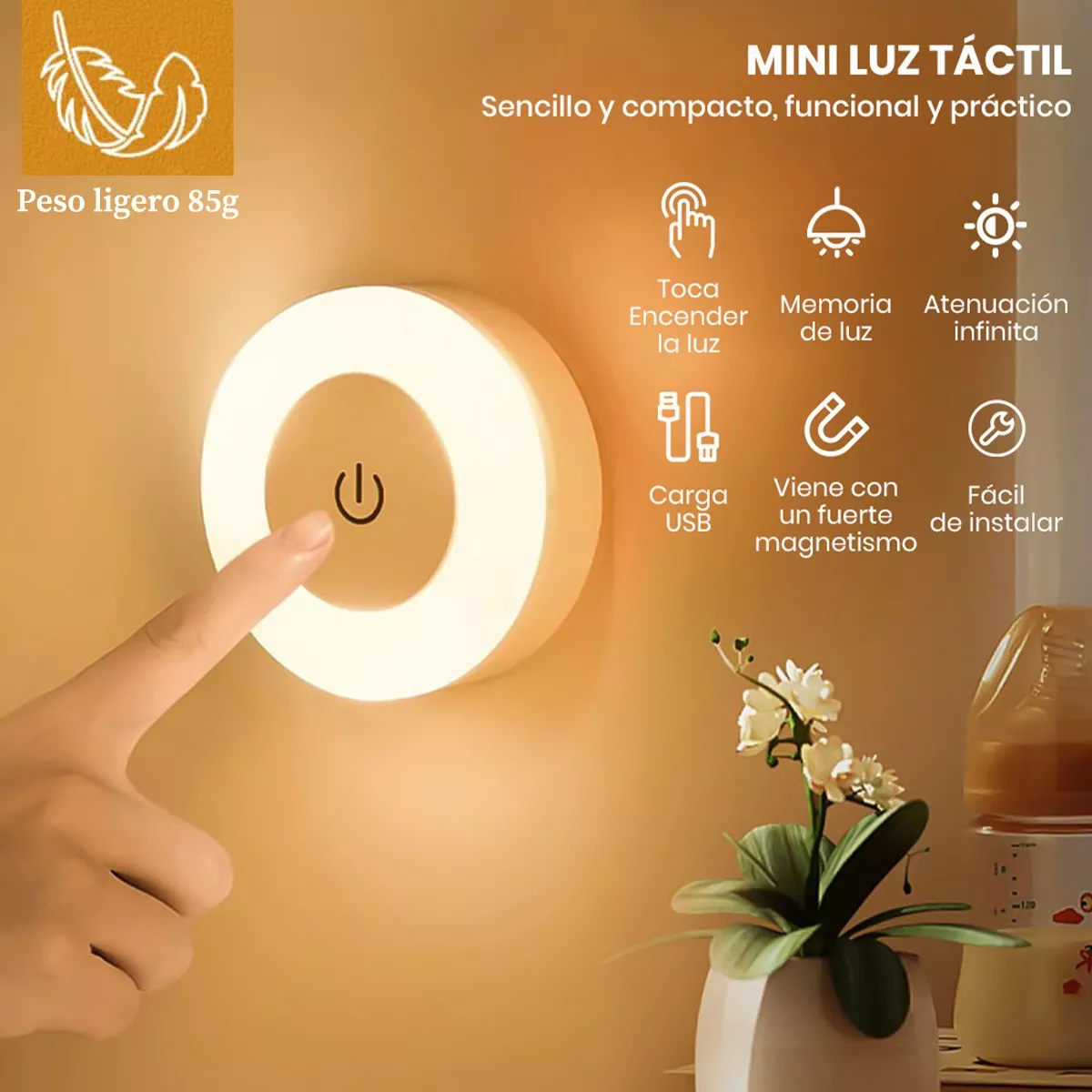 Luz Noche Lámpara Pared Focos Led Clóset Recargable Usb 6pzs
