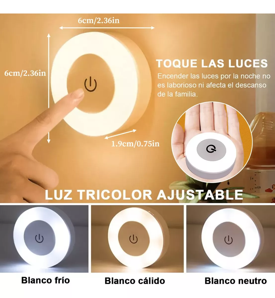 Luz Noche Lámpara Pared Focos Led Clóset Recargable Usb 6pzs