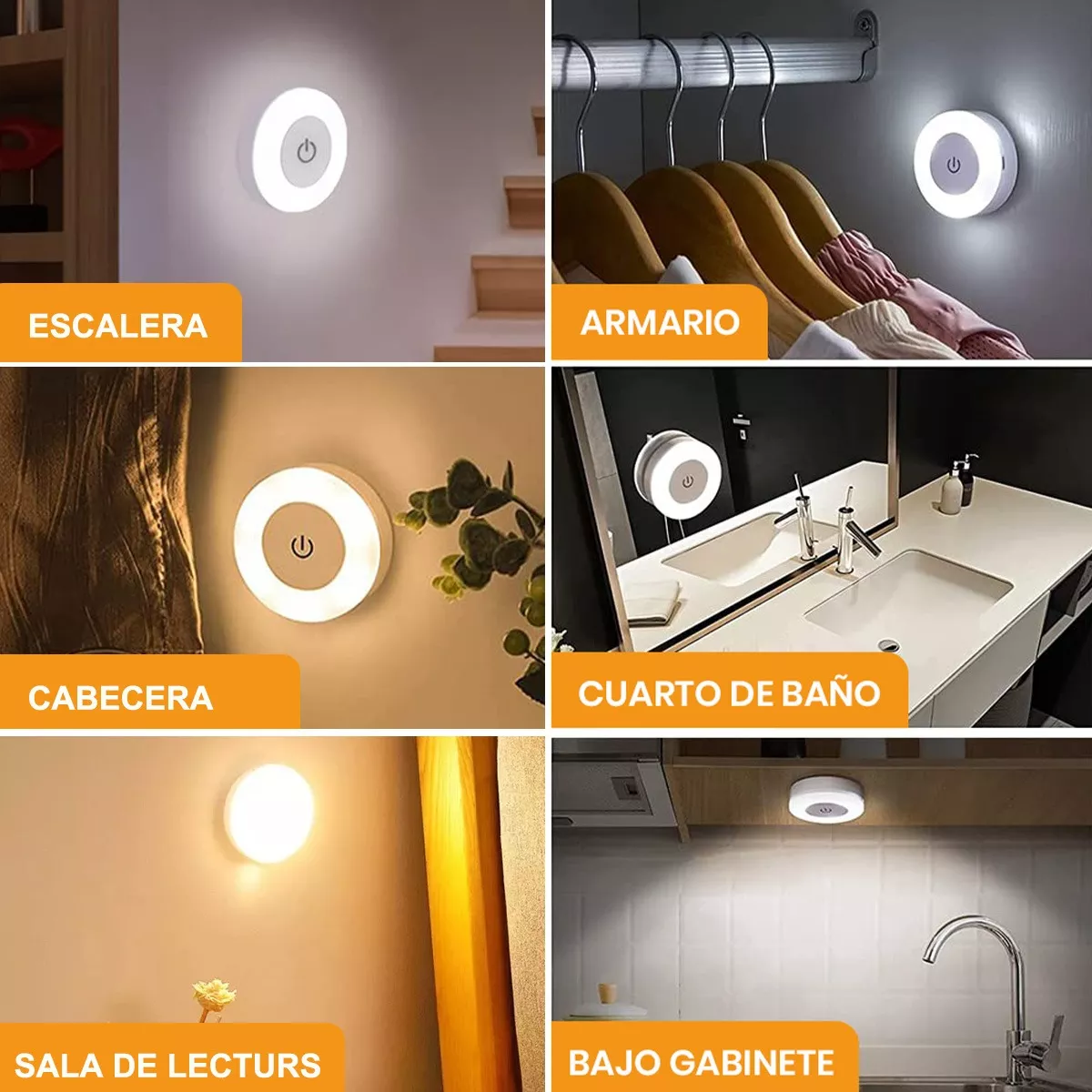 Luz Noche Lámpara Pared Focos Led Clóset Recargable Usb 6pzs