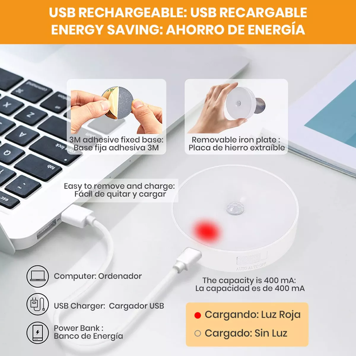 Luz Noche Lámpara Pared Focos Led Clóset Recargable Usb 6pzs