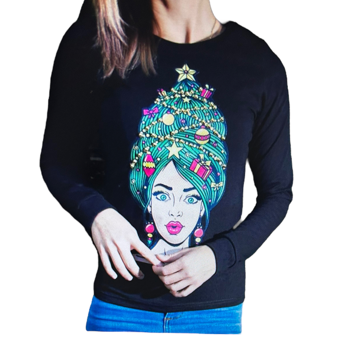 Playera Manga Larga Algodon Diseño Navideño Con Pompones