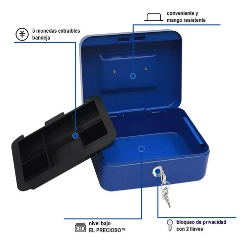 Caja Fuerte Metálica De Seguridad Con Llave, AZUL/NEGRO