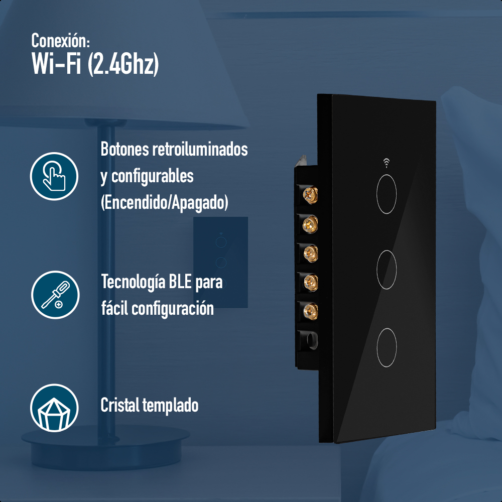 Interruptor ICON Inteligente Tres Vías WiFi Negro Requiere Cable Neutro