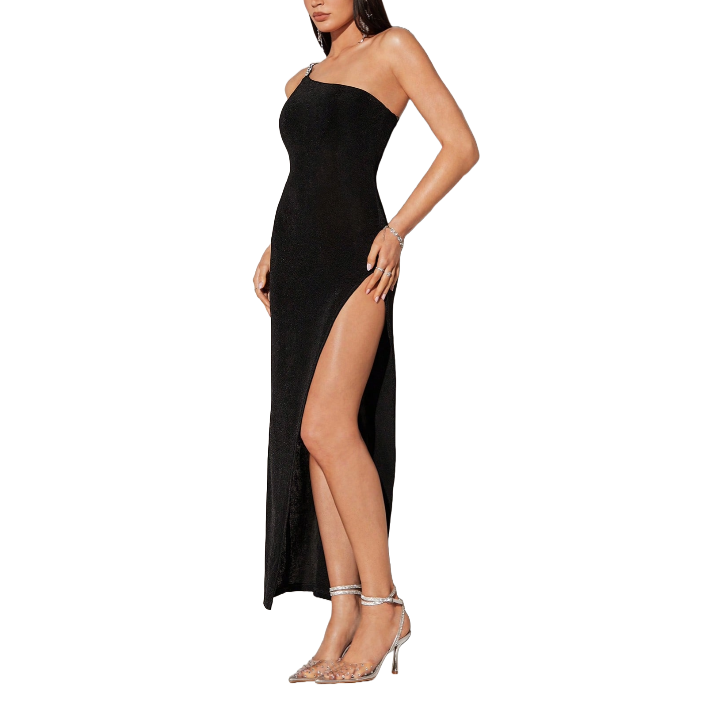 Vestido largo con abertura en la pierna asimétrico con tirante brillante para mujer 