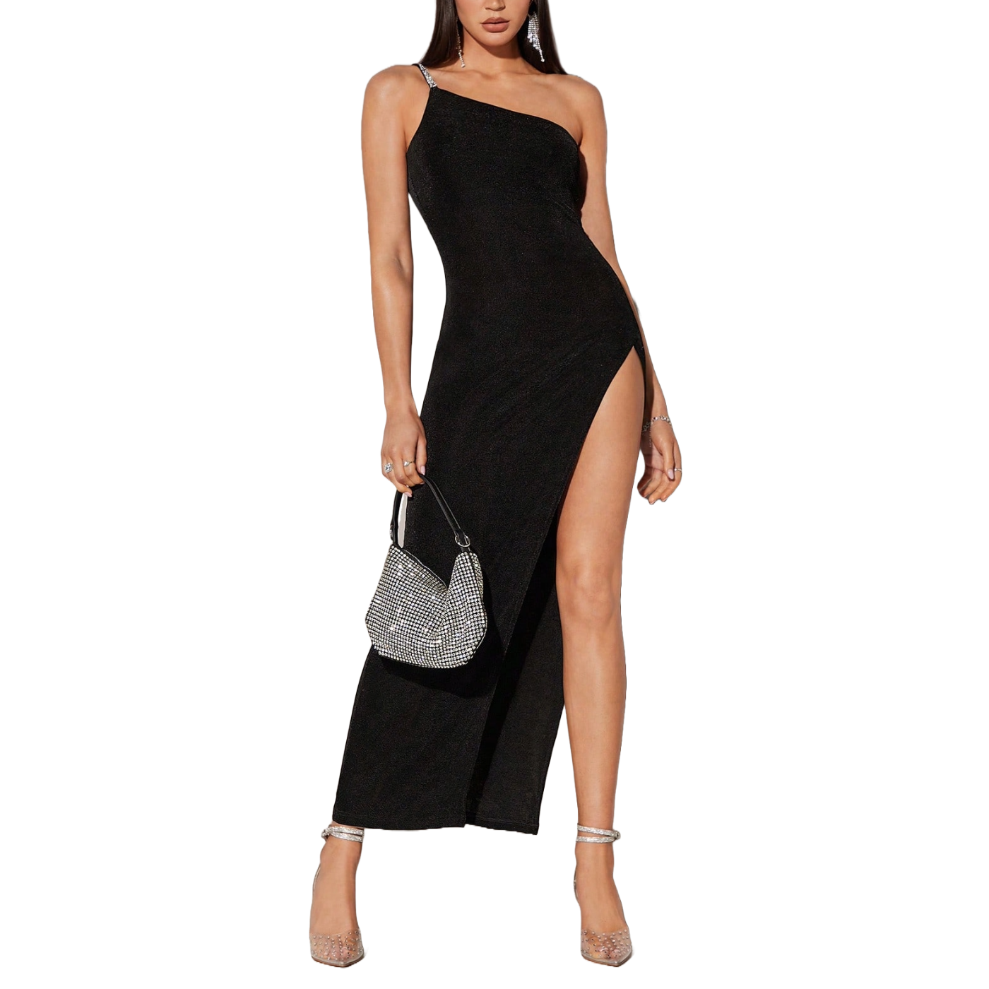 Vestido largo con abertura en la pierna asimétrico con tirante brillante para mujer 