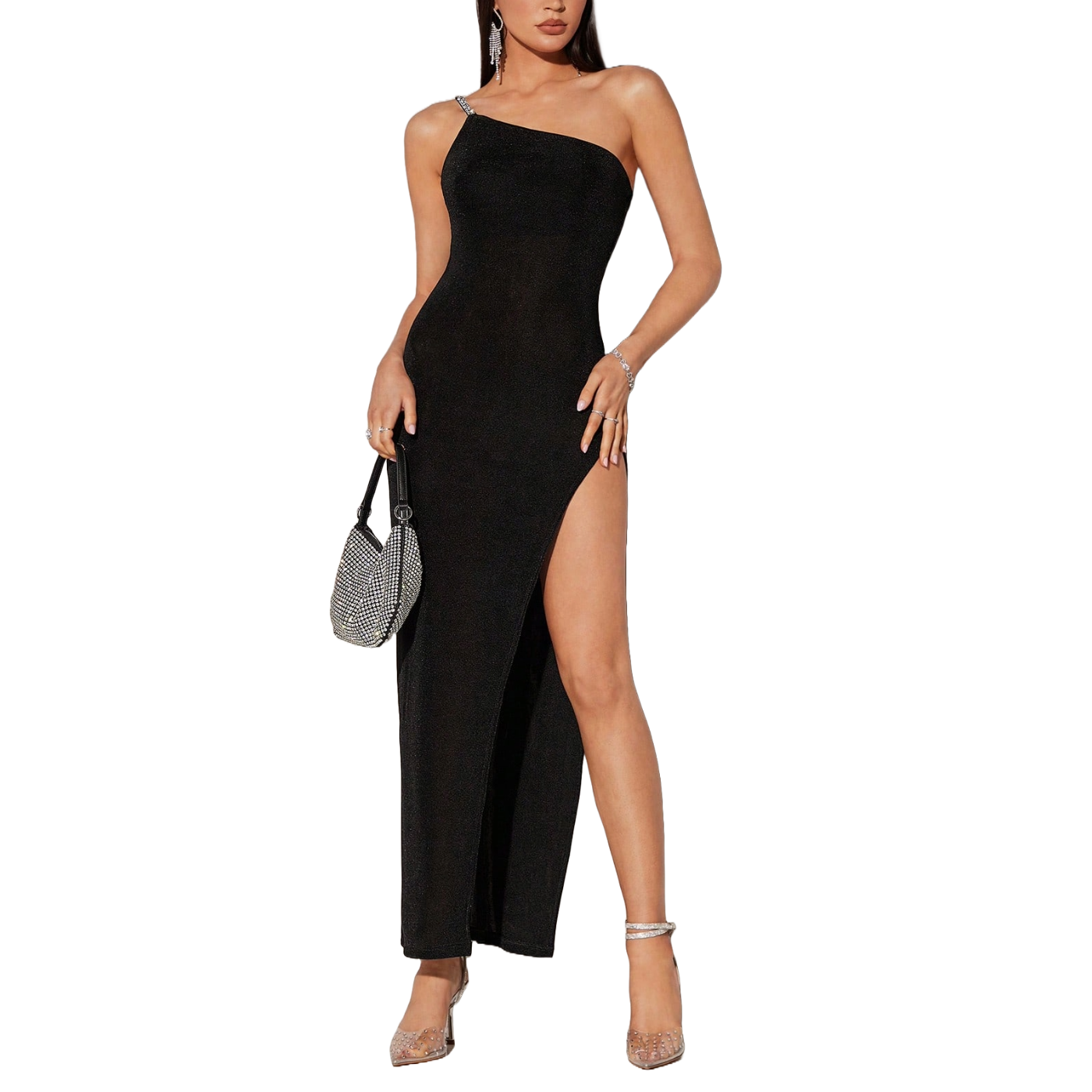 Vestido largo con abertura en la pierna asimétrico con tirante brillante para mujer 