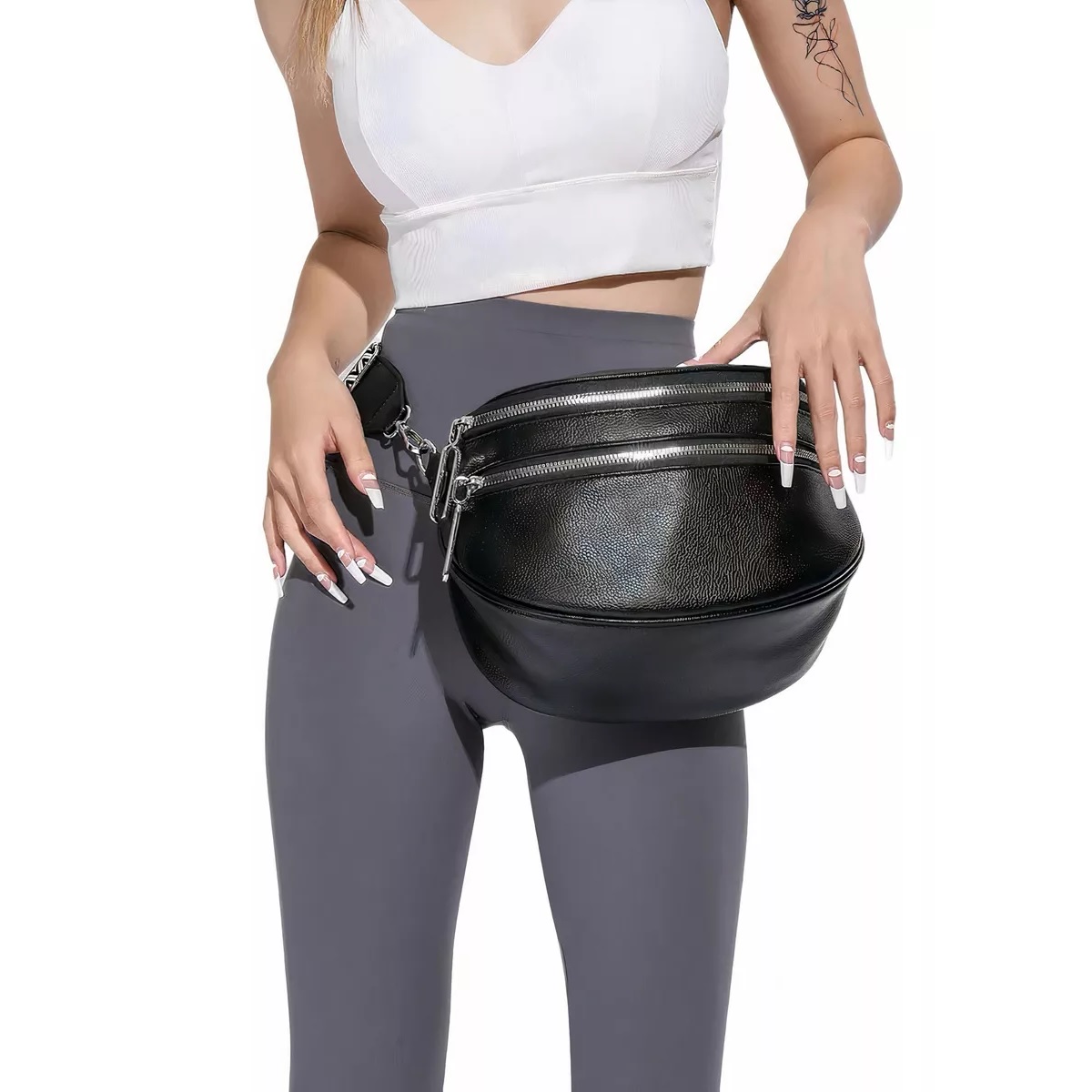Riñonera Retro De Cuero Para Mujer Color Negro 