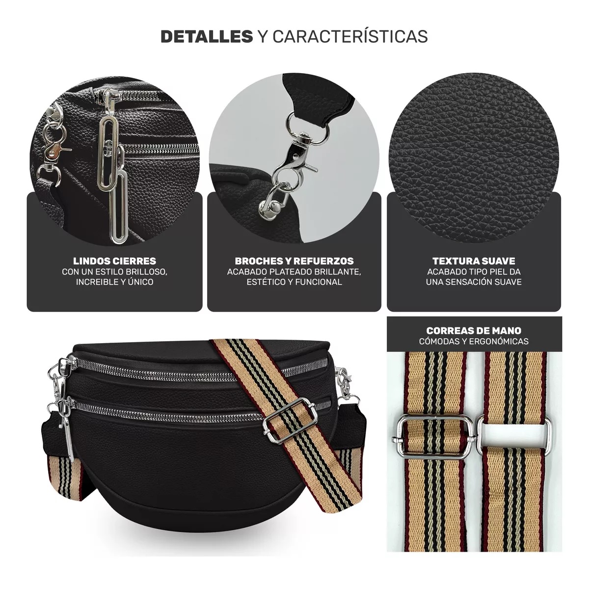 Riñonera Retro De Cuero Para Mujer Color Negro 