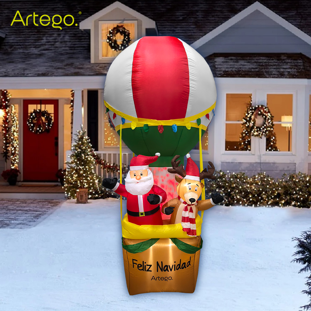 Inflable de Navidad globo aerostático de santa y reno de 2.8m de alto con led FIRE Hot air balloon Artego