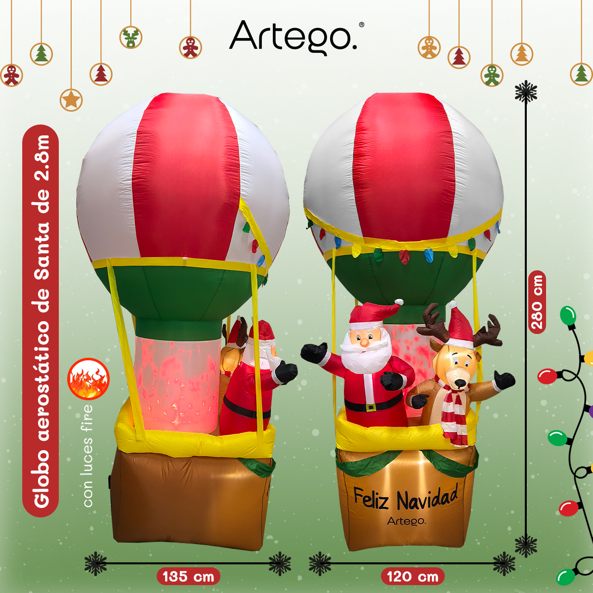 Inflable de Navidad globo aerostático de santa y reno de 2.8m de alto con led FIRE Hot air balloon Artego