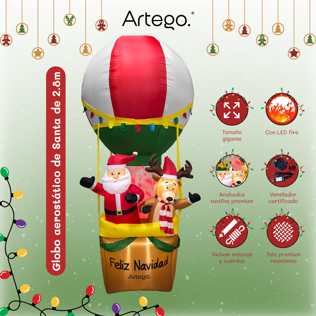 Inflable de Navidad globo aerostático de santa y reno de 2.8m de alto con led FIRE Hot air balloon Artego
