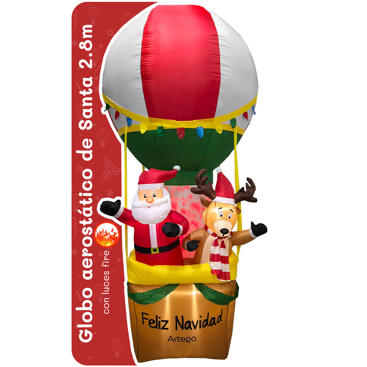 Inflable de Navidad globo aerostático de santa y reno de 2.8m de alto con led FIRE Hot air balloon Artego