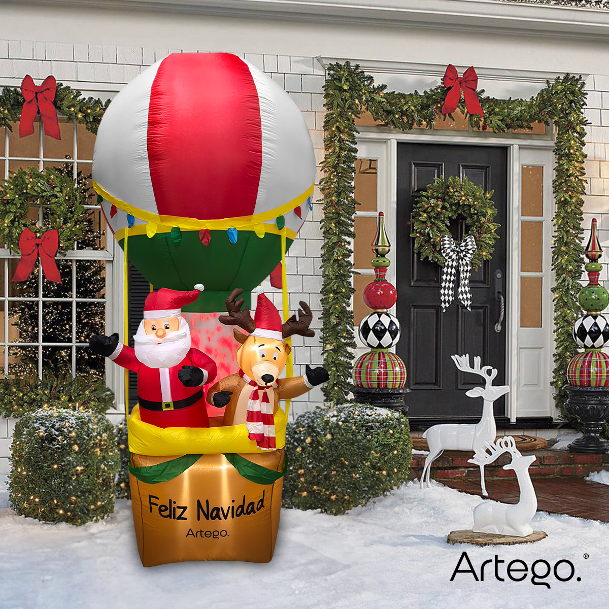 Inflable de Navidad globo aerostático de santa y reno de 2.8m de alto con led FIRE Hot air balloon Artego