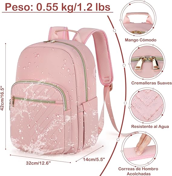 A Mochila portatil para Mujer Mochila de Viaje de 15.6 Pulgadas Mochila Escolar ligera Bolsa de Ordenador Impermeable