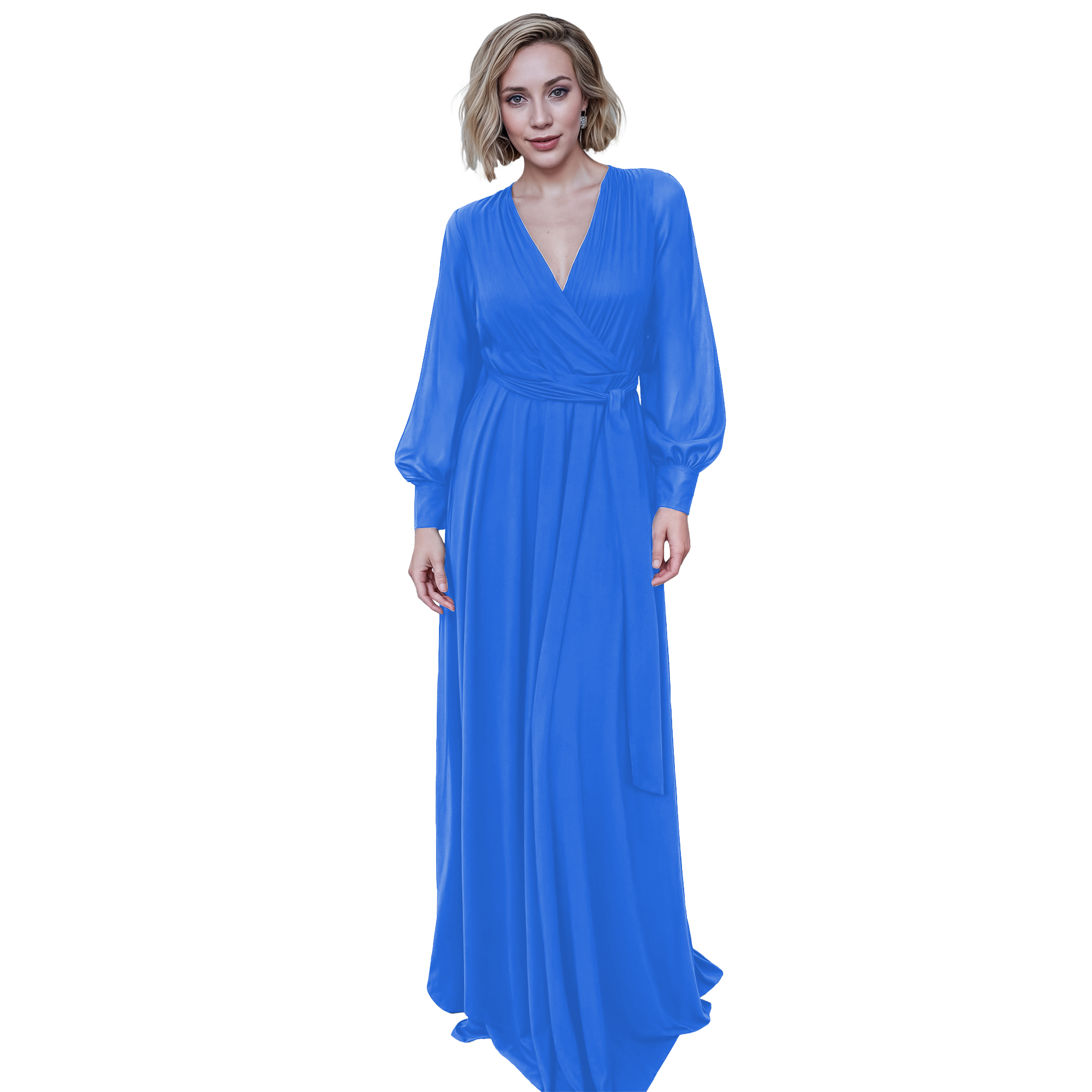 Maxi vestido cruzado elegante de fiesta largo, dama mujer xally 23D escote v manga larga cinturón