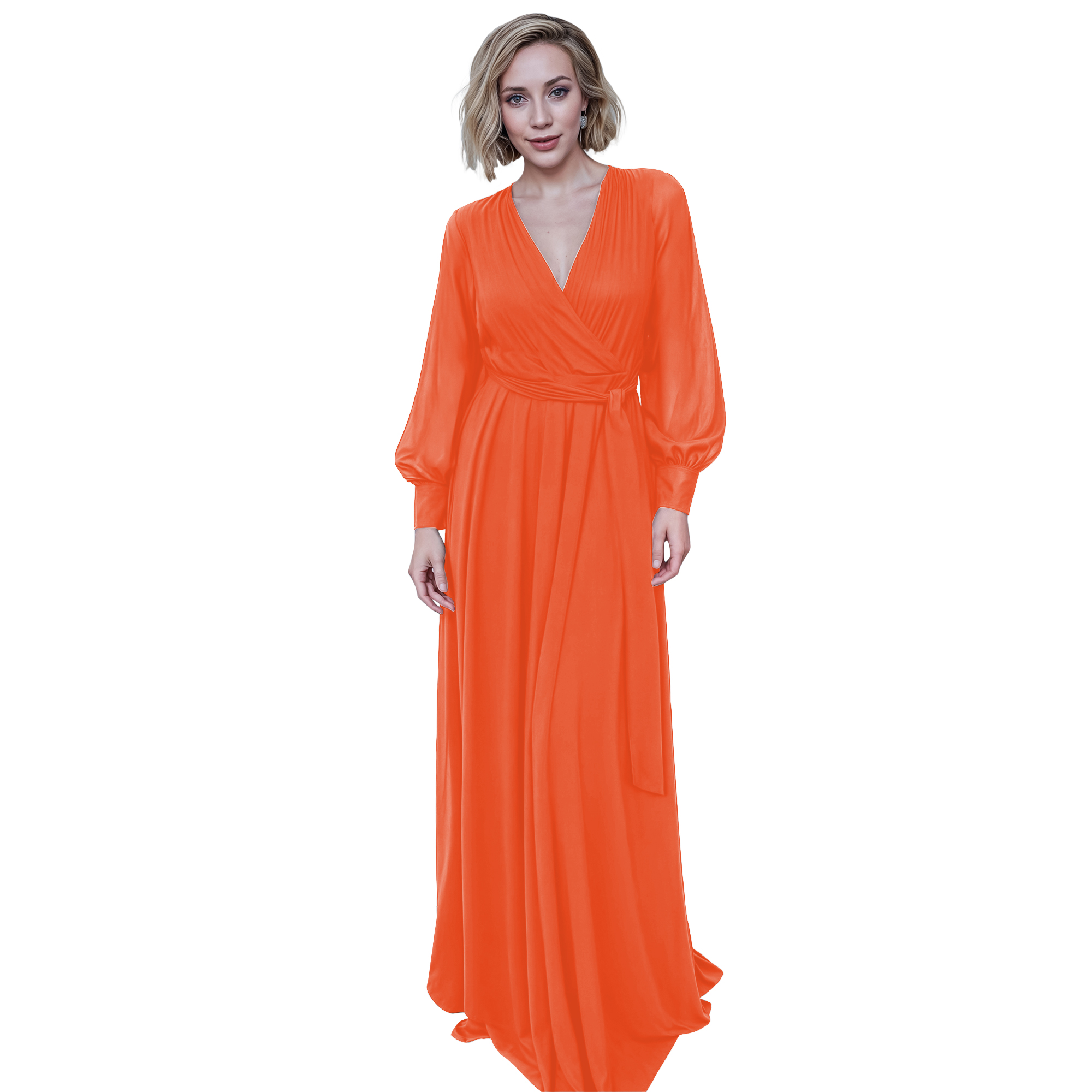 Maxi vestido cruzado elegante de fiesta largo, dama mujer xally 23D escote v manga larga cinturón