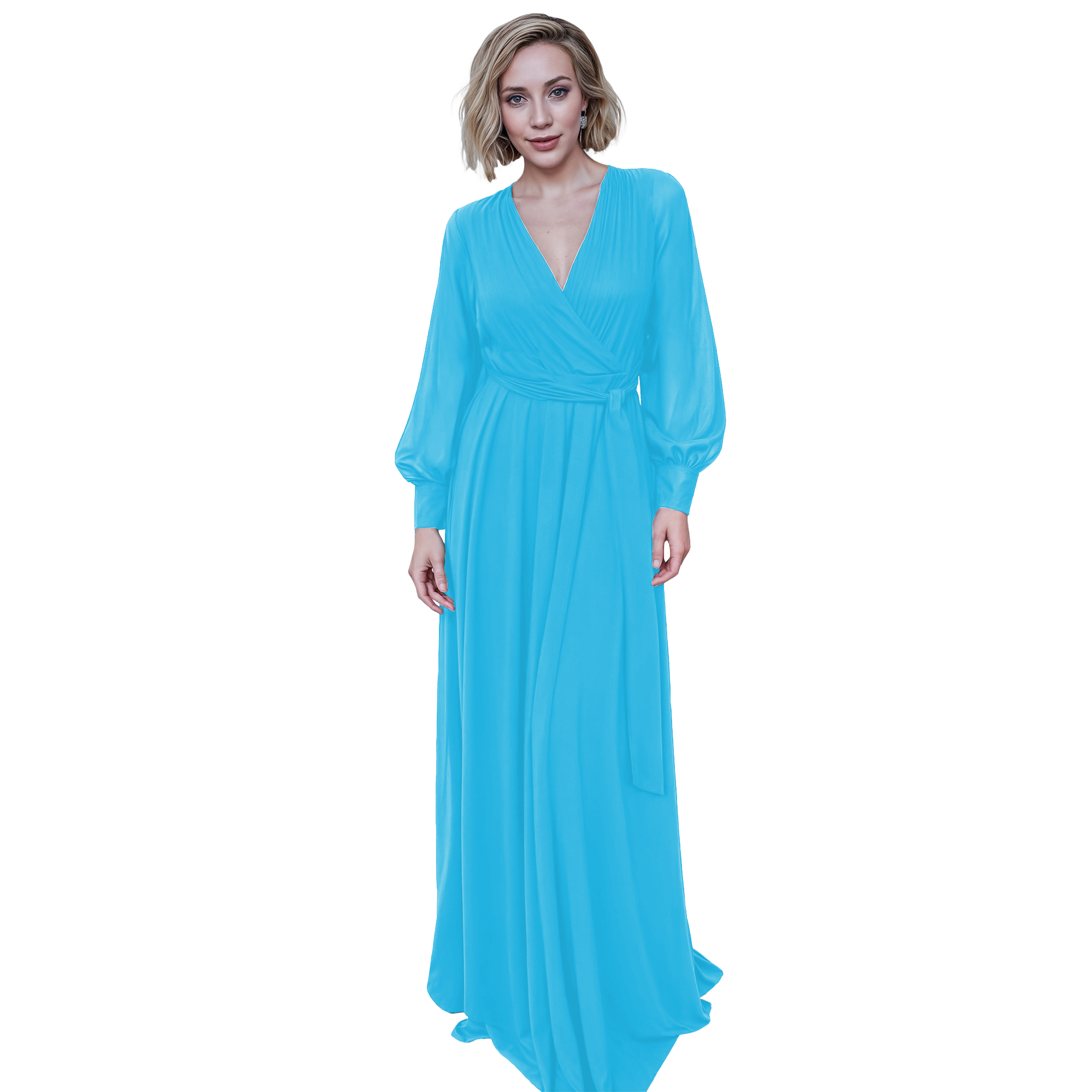 Maxi vestido cruzado elegante de fiesta largo, dama mujer xally 23D escote v manga larga cinturón