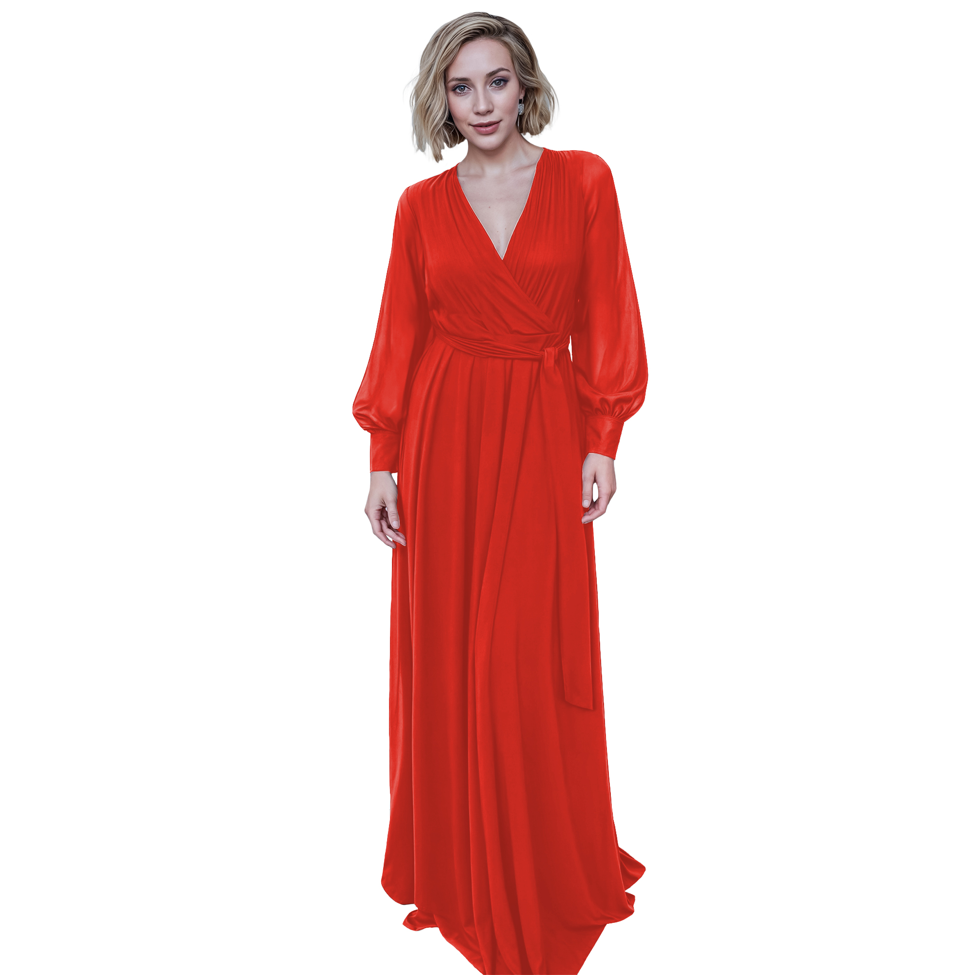 Maxi vestido cruzado elegante de fiesta largo, dama mujer xally 23D escote v manga larga cinturón
